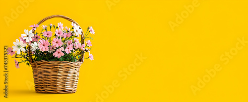 Daisy chamomile flowers in basket with copy space for design Spring floral post