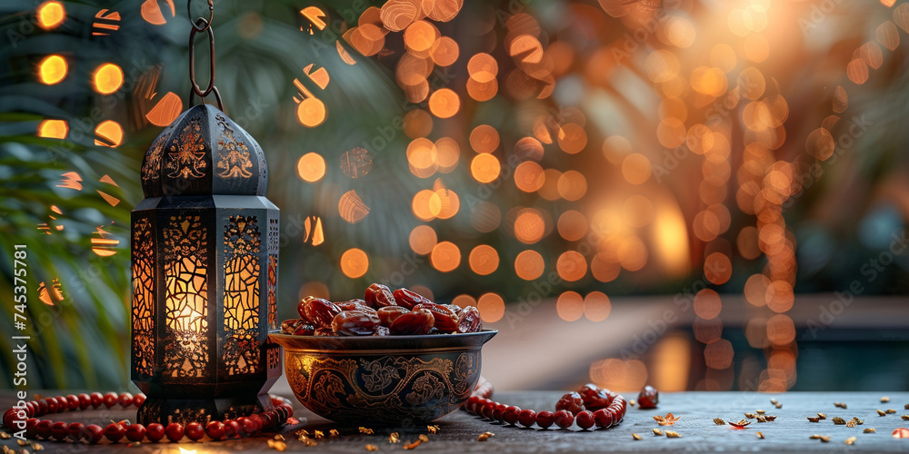 Ramadan and Eid al fitr concept. Traditional lantern, dates fruit, rosary beads