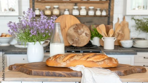 a loaf of bread sitting on top of a wooden cutting board next to a vase of lavenders and a bottle of milk.