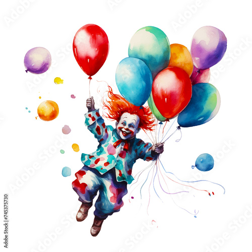 Painting of a clown flying with a balloon