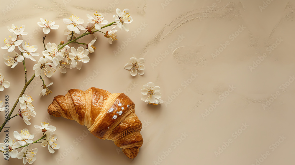 Croissant with white flowers on a beige background. French breakfast Croissant with white flowers on a beige background. French breakfast