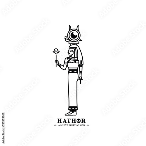 Ancient egyptian god hathor monoline. middle east lineart beauty queen with crown and sun	