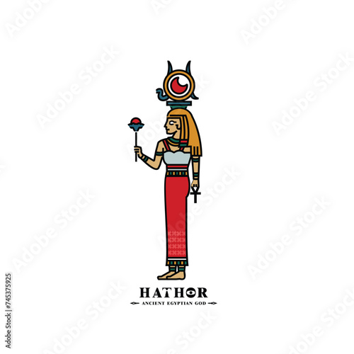 Ancient egyptian god hathor minimalist. middle east beauty queen with crown and sun