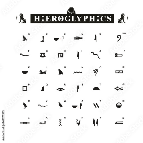 hieroglyphic alphabet, ancient egyptian script with symbols and letters