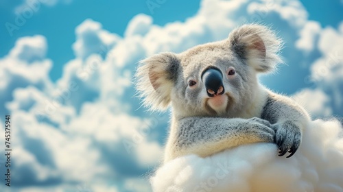a koala sitting on top of a cloud in front of a blue sky with clouds and blue sky in the background. photo