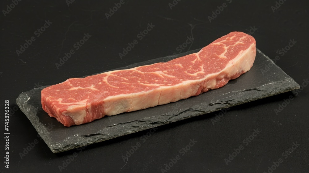 a piece of raw meat sitting on top of a black slate platter on a black counter top with a black background. a piece of raw meat sitting on top of a black slate platter on a black counter top with a black background.