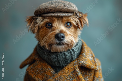 Portrait of a Dog in a hat and autumn clothes