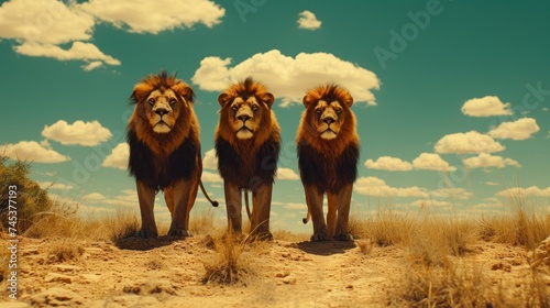 a group of three lions standing on top of a dry grass covered field in front of a blue sky with clouds. photo