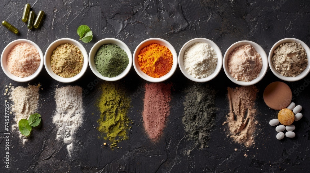 Dietary supplements for health and beauty, in pill and powder forms, vitamins, collagen, biotin	
