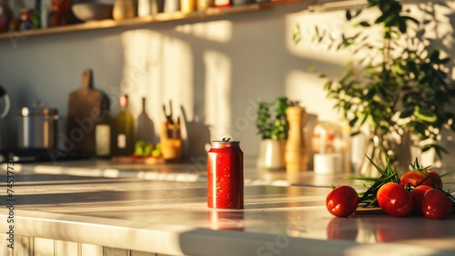 Sunlit Kitchen with Red Storage Canister ,vintage-inspired metal can of ketchup on Wooden Table