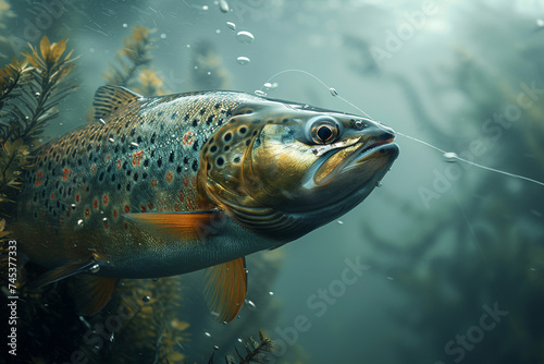 Fishing. Close-up shut of a fish hook under water photo