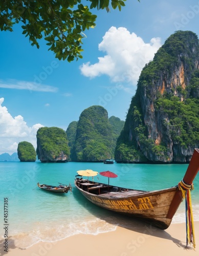 Tropical Paradise Beach with Traditional Boat photo