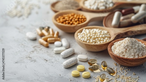 Dietary supplements for health and beauty, in pill and powder forms, vitamins, collagen, biotin 