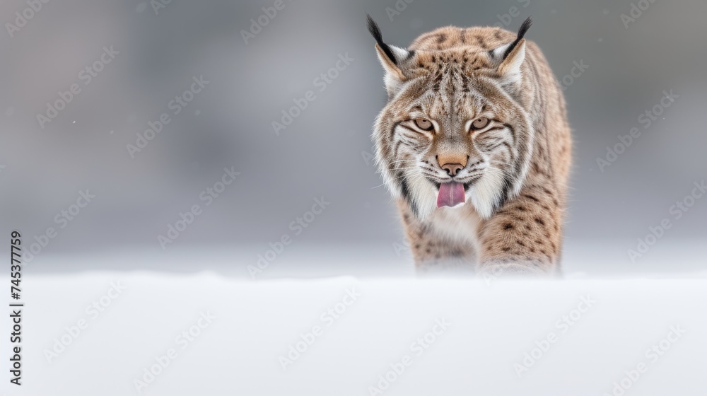 a close up of a lynx walking in the snow with it's mouth open and it's tongue out.