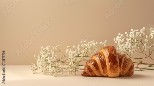 Croissant with white flowers on a beige background. French breakfast