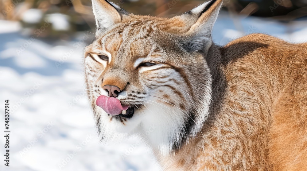 Obraz premium a close up of a cat with it's tongue hanging out in the snow with it's tongue out.