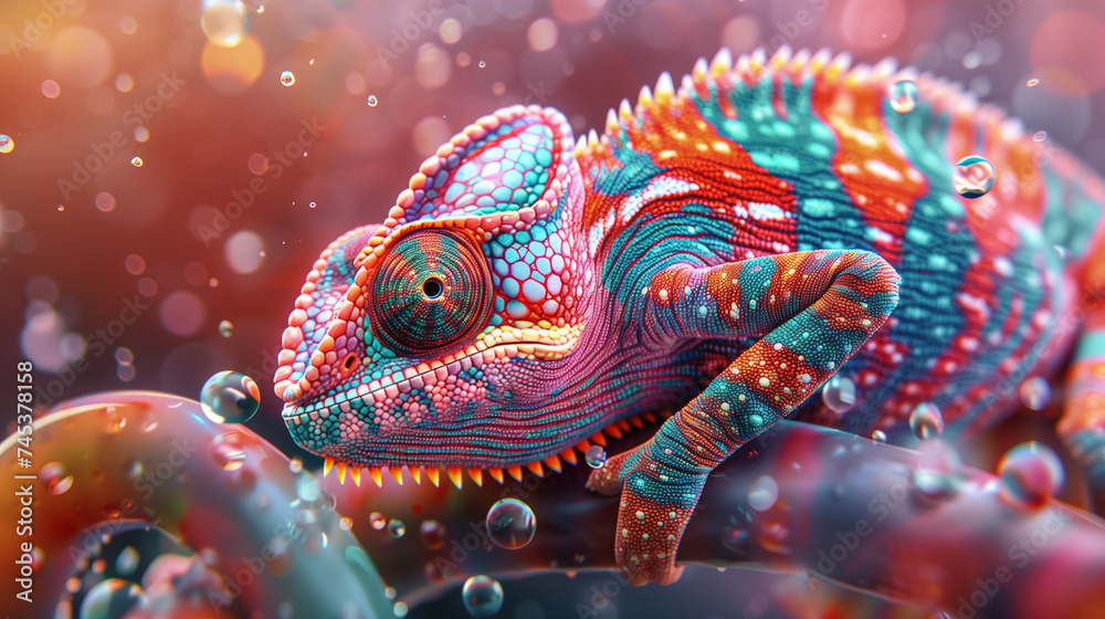 Chameleons have a colorful body structure that has a fluid-like texture on a liquid gradient background