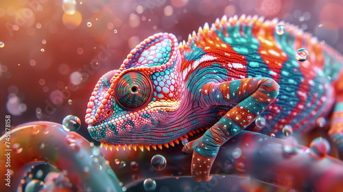 Chameleons have a colorful body structure that has a fluid-like texture on a liquid gradient background