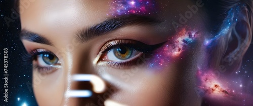 Womans Face Close Up With Space Background Nebula. The womans features are detailed and clear, contrasting with the open area behind her.