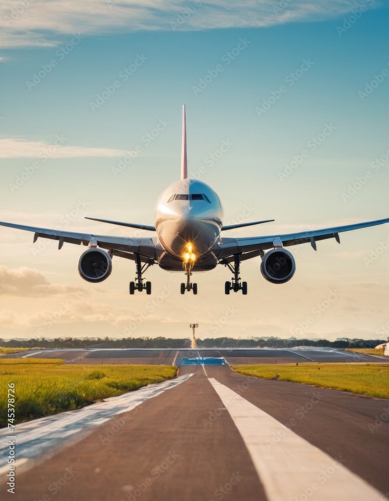 Fototapeta premium Commercial airplane takes off over the runway