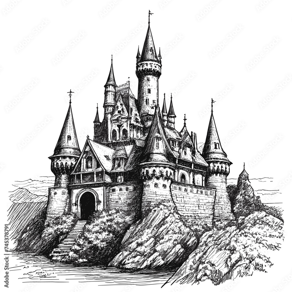 Castle engraved style ink sketch drawing, black and white vector illustration