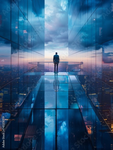 businessman on a glass building with skyline in the background.  