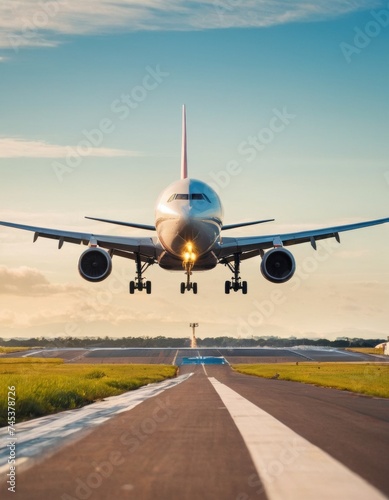 Commercial airplane takes off over the runway