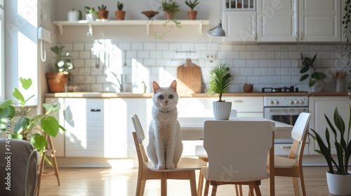 Home with minimalist design with white color and wood  kitchen  with cute cat with white color and blue eye