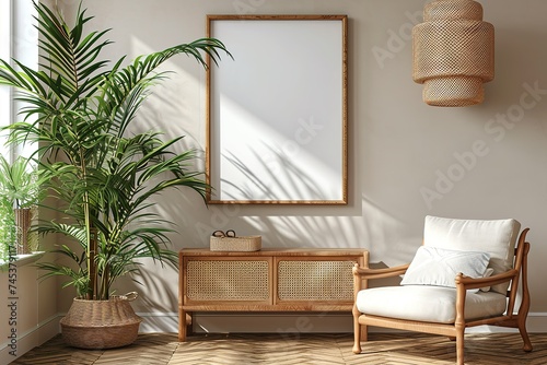 Stylish interior design of living room with wooden retro commode, chair, tropical plant in rattan pot, basket and elegant personal accessories. Mock up poster frame on the wall. Template. Home decor. © interior