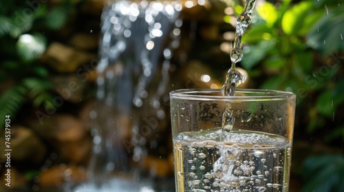 a close up of a glass of water with a chain hanging off of it's side and a water fountain in the background. photo