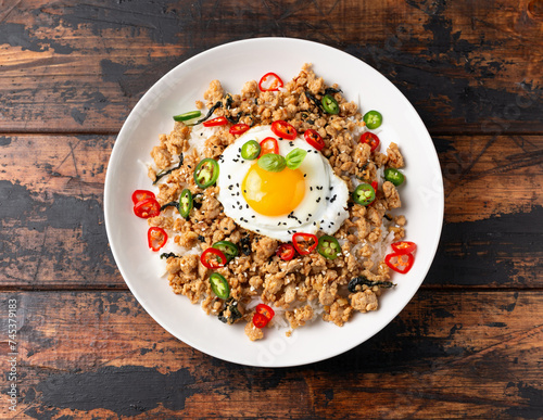 Pad Krapow Gai, Thai Basil Chicken with rice and fried egg