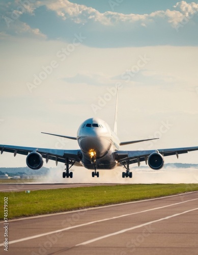 Commercial airplane takes off over the runway