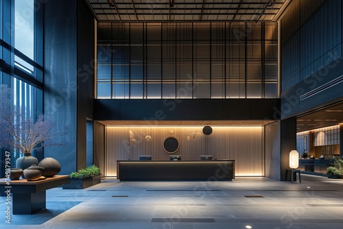 Reception area at a modern hotel has a large light, in the style of shodo,in the style of light blue and dark gray, subtle lighting photo