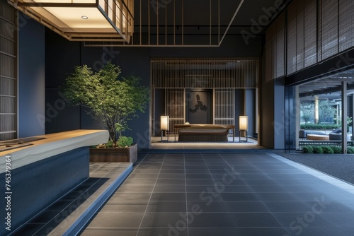 Reception area at a modern hotel has a large light, in the style of shodo,in the style of light blue and dark gray, subtle lighting