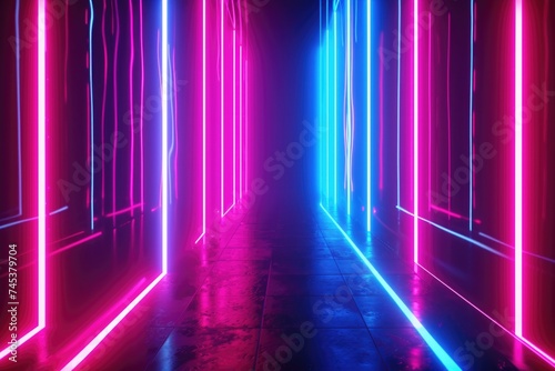 Neon glow lights retro cyber triangle blue purple glow glowing lights abstract grunge concrete tunnel room sci fi futuristic empty stage night background