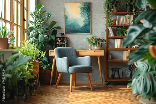 Stylish scandinavian open space with design furniture  plants  bamboo bookstand and wooden desk. Brown wooden parquet. Abstract painting. Modern decor of bright room next to dining room.