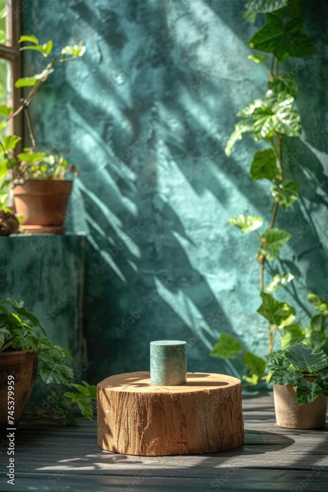 Wooden podium display with leaf shadow. Copy space green background. Cosmetics or beauty product promotion mockup. Wooden podium display with leaf shadow. Copy space green background. Cosmetics or beauty product promotion mockup.