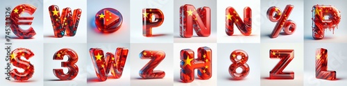 Glass letters shape in colors China flag 3D Lettering Typeface. AI generated illustration