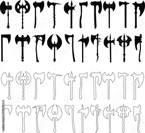 Axe icons set. Outline axe tool flat or line icon collection isolated on transparent background. Firefighter simple wood axe silhouette vector for web and app design, lumberjack symbol medieval weapon