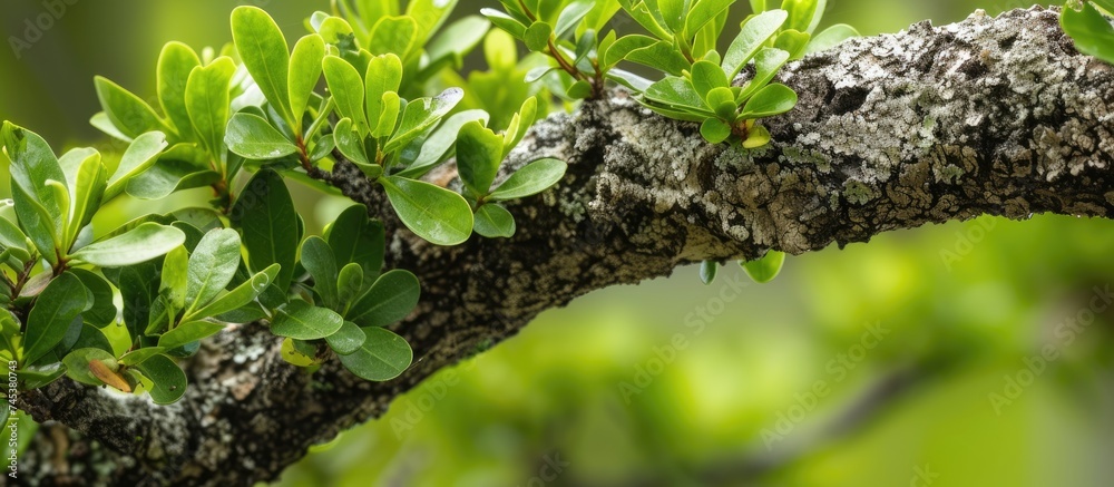 In this close-up view, a tree branch covered in lush green leaves is on display. The intricate veins of the leaves and the texture of the branch are visible, showcasing the vitality of the tree. In this close-up view, a tree branch covered in lush green leaves is on display. The intricate veins of the leaves and the texture of the branch are visible, showcasing the vitality of the tree.
