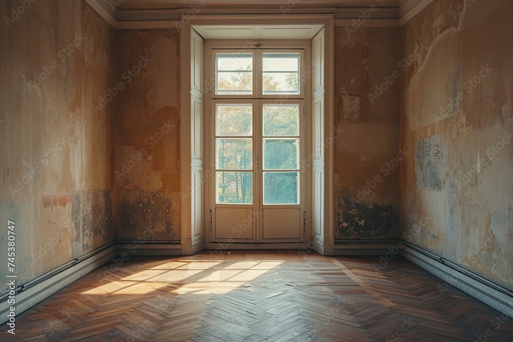 window in empty room, old apartment building with parquet floor