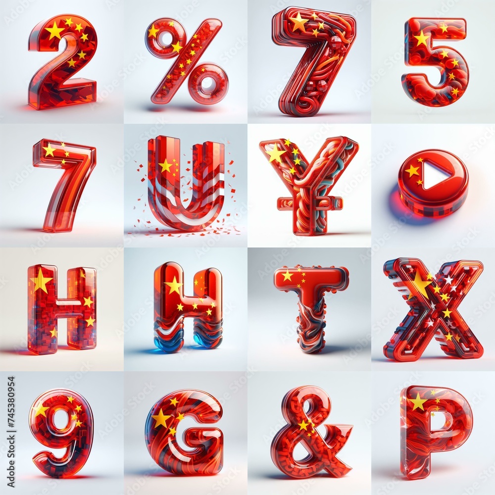 Glass letters shape in colors China flag 3D Lettering Typeface. AI generated illustration Glass letters shape in colors China flag 3D Lettering Typeface. AI generated illustration
