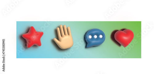 3d set icon, social media icon set, stars, hand, comment, and love