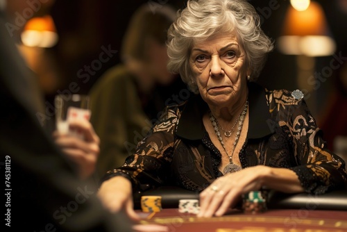 Elderly lady enjoying entertainment at a casino poker table