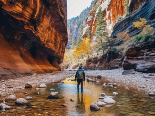 Man walking through narrow canyon in the mountains.