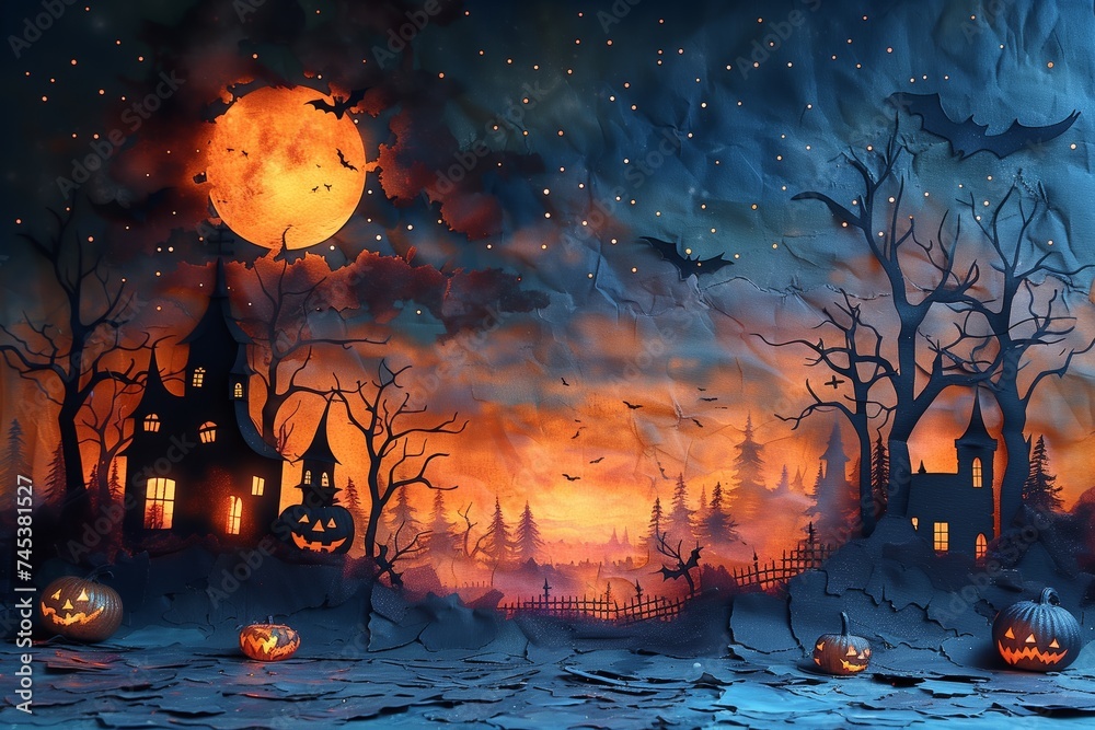 A spooky Halloween scene featuring a haunted house silhouette, glowing jack-o-lanterns, and a large orange moon illuminating the dark sky.