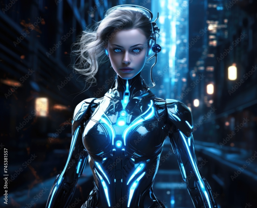 Futuristic android woman with blue glowing eyes in a dimly lit cybernetic setting.