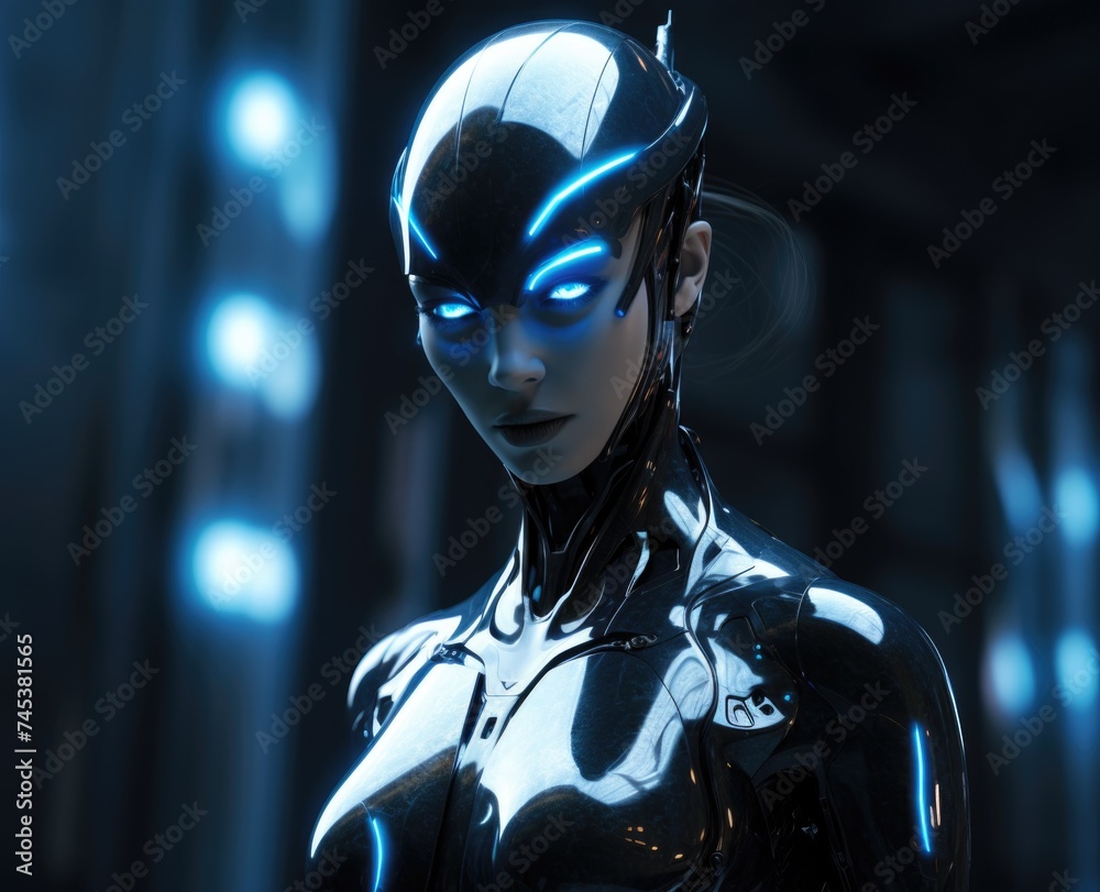 Futuristic android woman with blue glowing eyes in a dimly lit cybernetic setting. Futuristic android woman with blue glowing eyes in a dimly lit cybernetic setting.