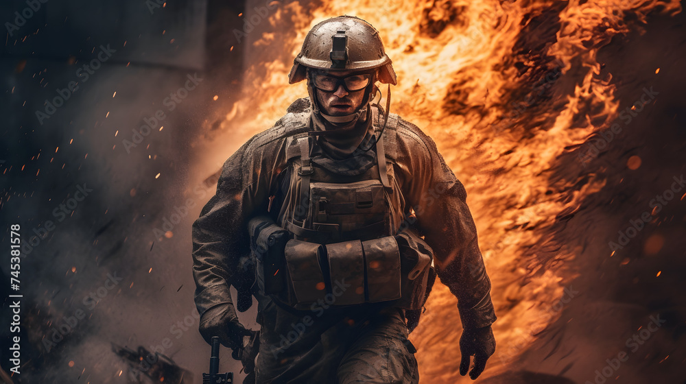 Naklejka premium a military soldier running into fire