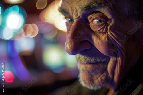 a close up of an elderly man s face with a blurry background